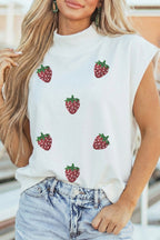 White Sequin Strawberry Graphic Mock Neck Short Sleeve Top