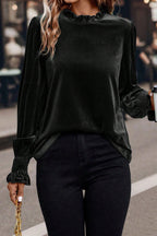 Black Frilled Collared Smocked Cuffs Puff Sleeve Velvet Blouse