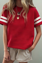 Dark Blue Varsity Striped Short Sleeve Crew Neck T Shirt