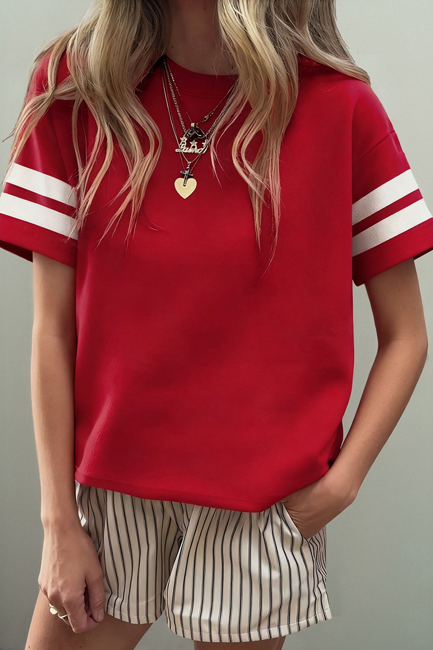 Dark Blue Varsity Striped Short Sleeve Crew Neck T Shirt