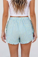 Sky Blue Stripe Elastic Waist Ruffle Trim Casual Shorts