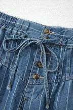 Sky Blue Stripe Button Pintuck High Waist Drawstring Denim Midi Skirt