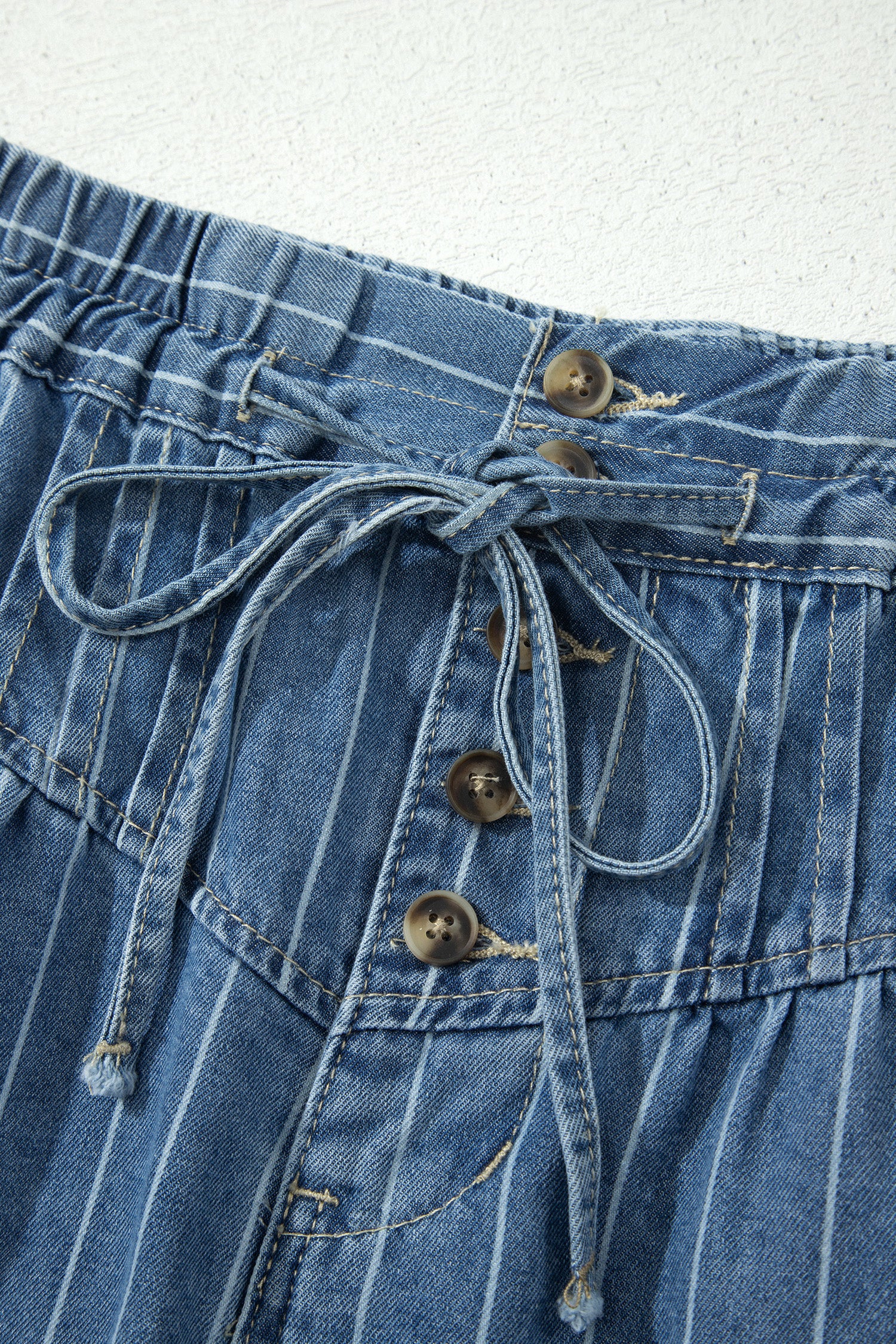 Sky Blue Stripe Button Pintuck High Waist Drawstring Denim Midi Skirt