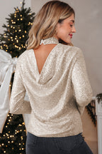 Black Sequin Mock Neck Drape Open Back Bell Sleeve Top