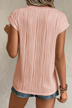 Black Wavy Textured Button V Neck Tee