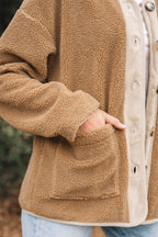 Light French Beige Puffy Plush Corduroy Edge Patchwork Jacket with Big Pockets