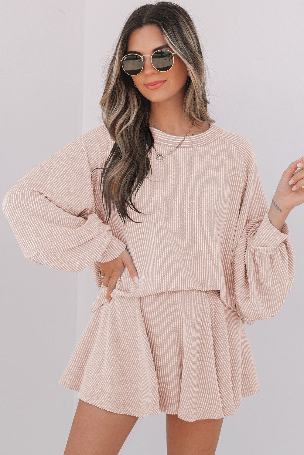 Mist Green Corded Lantern Sleeve Top High Waist Ruffled Mini Skort Set