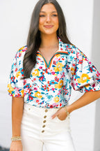 Peacock Blue Floral Print Slit V Neck Short Sleeve Blouse