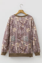 Brown Abstract Camo Print Color Block Detail Baggy Pullover Sweatshirt