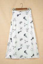 White Western Print Satin Long Skirt