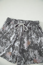 Gray Abstract Maple Leaf Printed Tie Elastic Waist Shorts