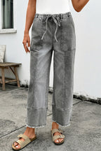 Gray Drawstring Seam Detail Raw Hem Wide Leg Denim Pants