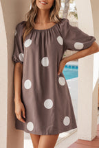 Brown Polka Dot Print Knot Back Short Puff Sleeve Loose Mini Dress