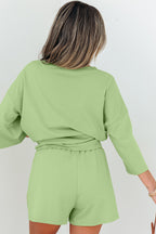 Meadow Mist Green Solid Loose V Neck Half Sleeve Tee and Shorts