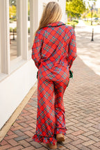 Fiery Red Christmas Plaid Satin Pajama Set with Contrast Velvet Ties