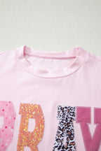 Pink PRAY Sequin Leopard Multiple Patched Graphic Tee