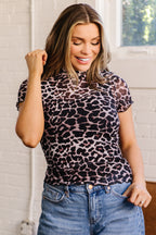 Khaki Leopard Print Sheer Mesh Short Sleeve Top