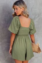 Sky Blue Brown Square Neck Ruched Puff Sleeve Romper