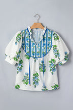 White Floral Print Contrast Trim Tie Neck Blouse