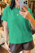 Beau Blue Waffle Textured Knit Dolman Short Sleeve Loose Top
