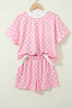 Green Polka Dot Print Color Block Trim Mock Neck Short Set