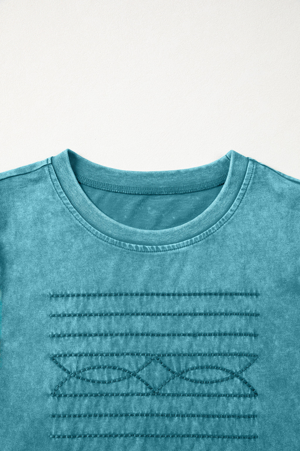 Turquoise Mineral Wash Western Embroidered Detail Short Puff Sleeve Cotton Tee