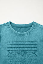 Turquoise Mineral Wash Western Embroidered Detail Short Puff Sleeve Cotton Tee