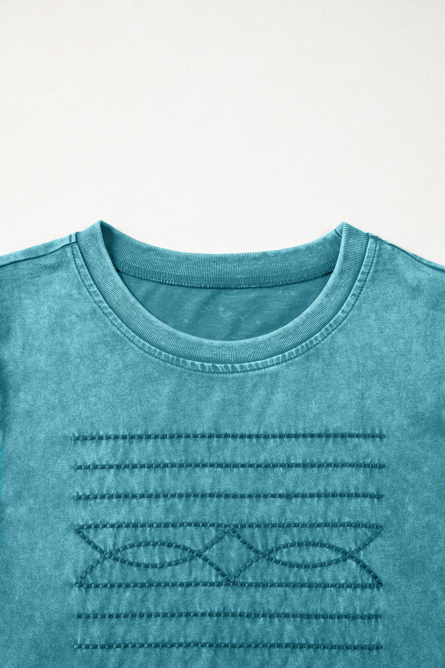 Turquoise Mineral Wash Western Embroidered Detail Short Puff Sleeve Cotton Tee