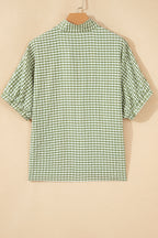 Green Plaid Short Sleeve Colorblock Trim Split Neck Blouse