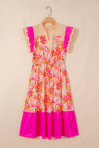 Rose Floral Print Color Block Ruffled Short Sleeve Flared Midi Dress