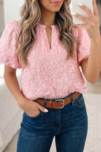 Iceland Blue Floral Textured Jacquard Puff Sleeve Blouse