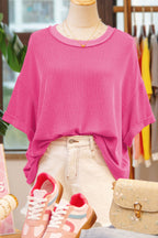 Rose Red Spiral Ribbed Cutout Bow Knot Back Oversize T Shirt