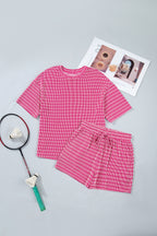Rose Stripe Raised Rib Loose Tee Drawstring Elastic Waist 2pcs Short Set