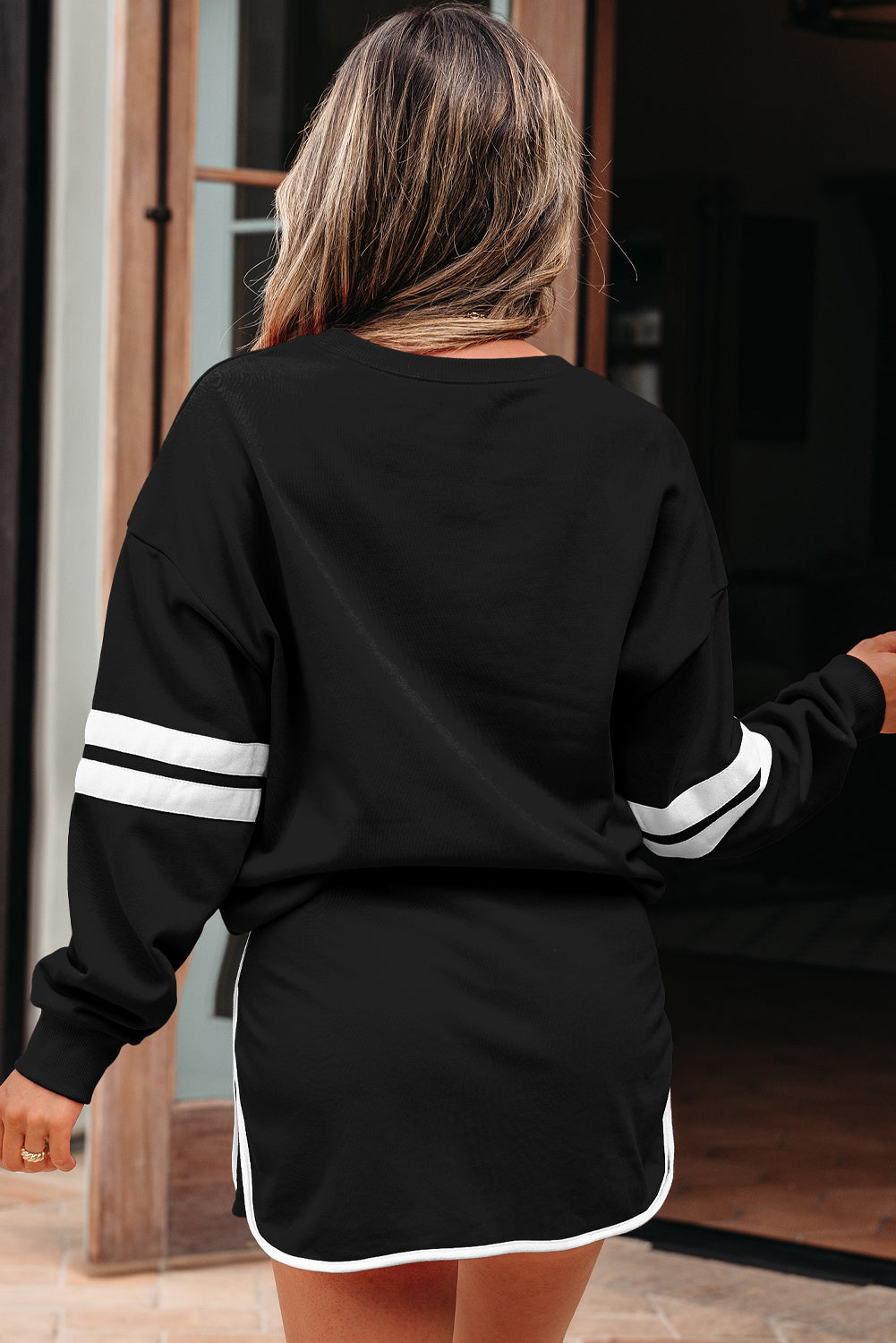 Orange Varsity Stripe Detail Drop Shoulder Pullover Mini Skort Set