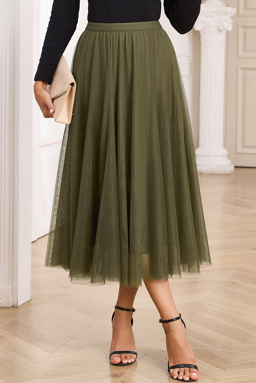 Apricot Tulle Mesh Overlay Flared Midi Skirt