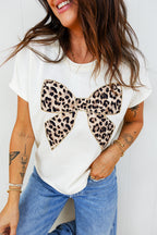 Black Leopard Bow Embroidered Cotton Round Neck T Shirt
