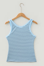 Sky Blue Stripe Ribbed Knit Slim Tank Top