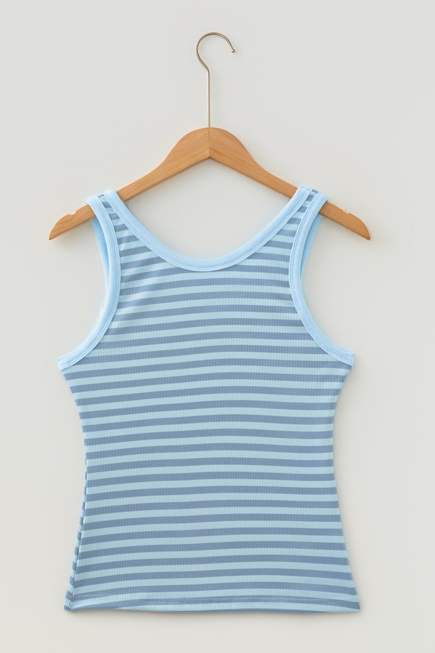 Sky Blue Stripe Ribbed Knit Slim Tank Top