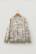 Multicolour Camo Print Ribbed Trim Casual Pullover Sweatshirt