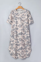 Multicolour Camouflage Print Short Sleeve Drop Shoulder Side Slit Casual Dress