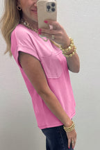 Pink Solid Color Raw Seam Waffled Patchwork Casual T Shirt