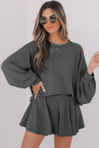 Mist Green Corded Lantern Sleeve Top High Waist Ruffled Mini Skort Set