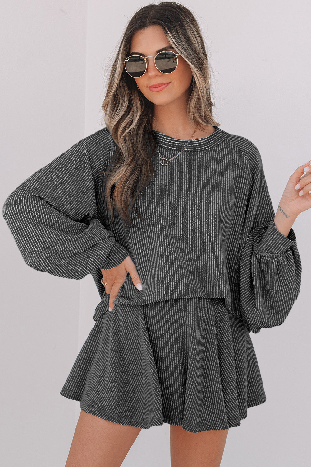 Mist Green Corded Lantern Sleeve Top High Waist Ruffled Mini Skort Set
