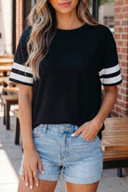 Dark Blue Varsity Striped Short Sleeve Crew Neck T Shirt