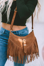 Coffee Faux Suede Boho Fringe Hobo Shoulder Bag