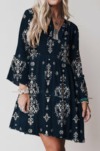 Sky Blue Boho Floral Print Lettuce Trim 3/4 Sleeve Mini Dress