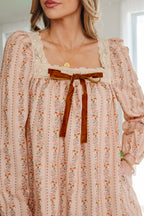 Khaki Floral Print Contrast Velvet Bow Lace Patchwork Long Sleeve Loose Mini Dress
