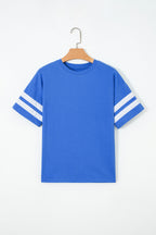 Dark Blue Varsity Striped Short Sleeve Crew Neck T Shirt