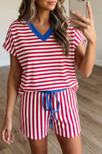Yellow Stripe Colorblock Trim V Neck Tee Drawstring Elastic Waist Short Set