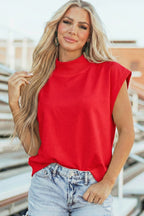 Pink Solid Color High Neck Cap Sleeve Loose Top